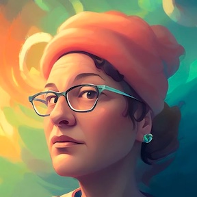 AI generated picture of a woman wearing glasses and surrounded by bright swirls of color